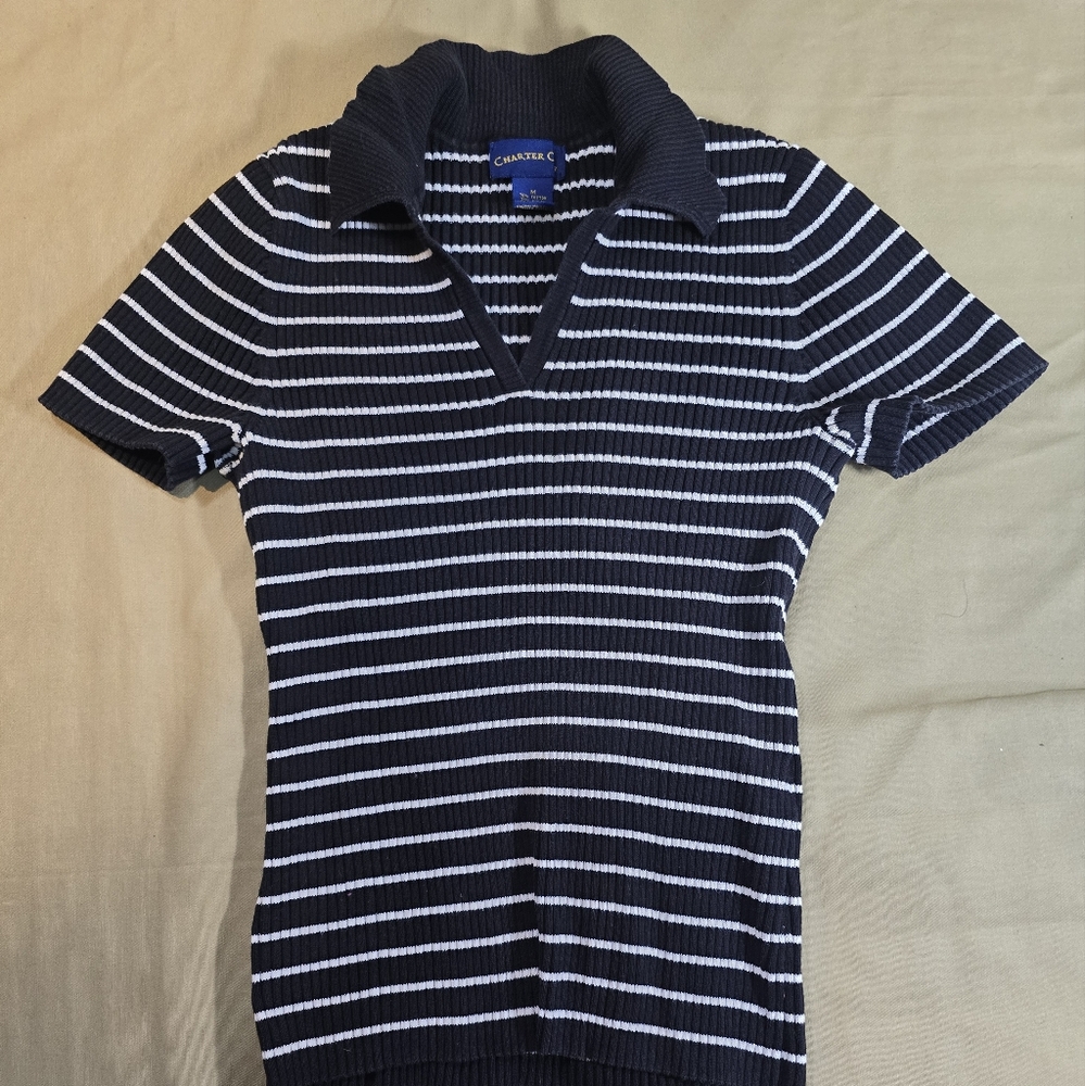 Charter Club Womem Blue & White Stripe Pullover Top Size Medium